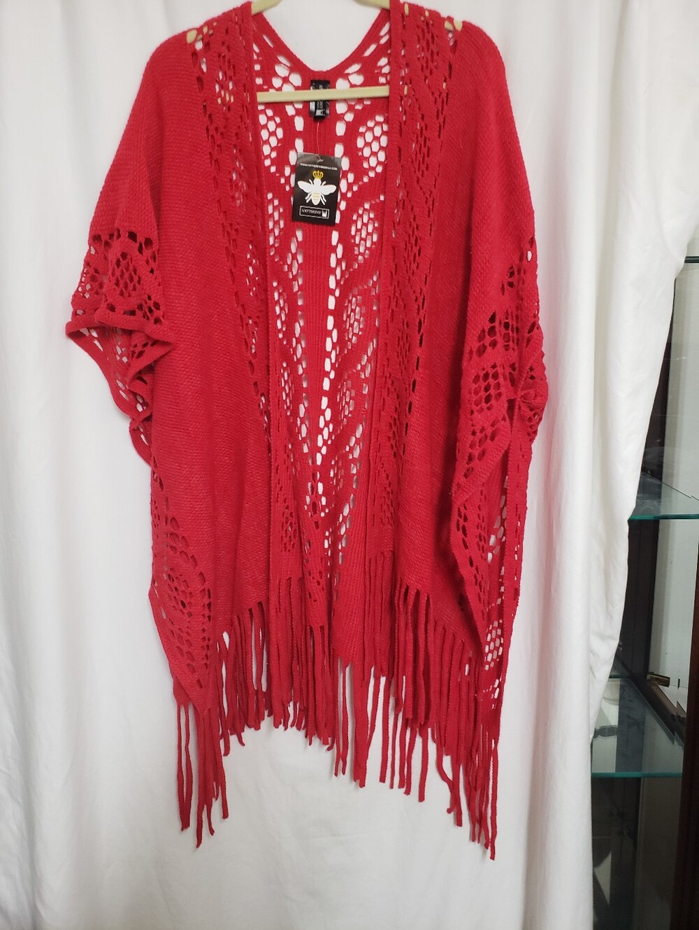 Antthony Red Crochet Fringe Open-Front Poncho